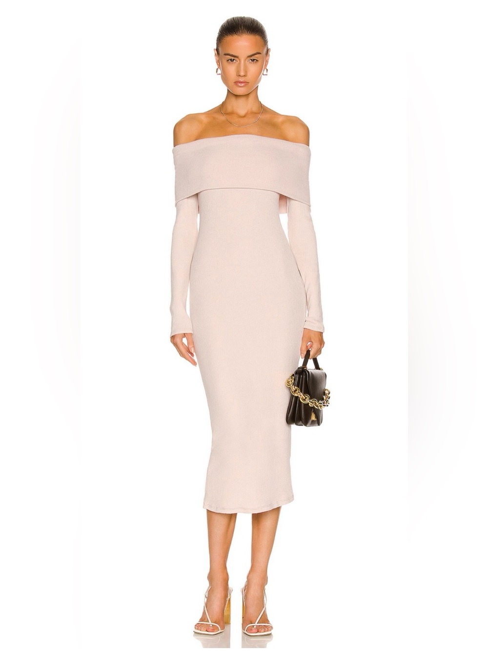 Enza Costa Off-the-Shoulder Ribbed Knit Dress in Rose Tan